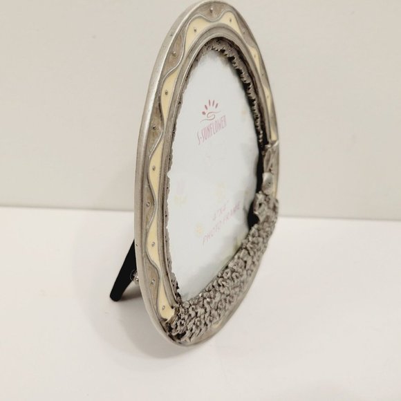 Vtg Egg Shaped S-Sunflower Cream Enamel Photo Picture Frame Bunny Rabbit Easter - Picture 2 of 4